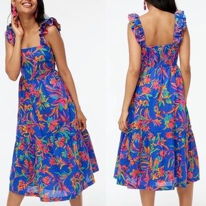 J. Crew Factory Square Neck Floral Tropical Midi Dress in Blue Dark Peon